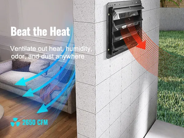 El extractor de aire con persiana VEVOR ventila el calor y la humedad de una sala de estar moderna a un jardín al aire libre.