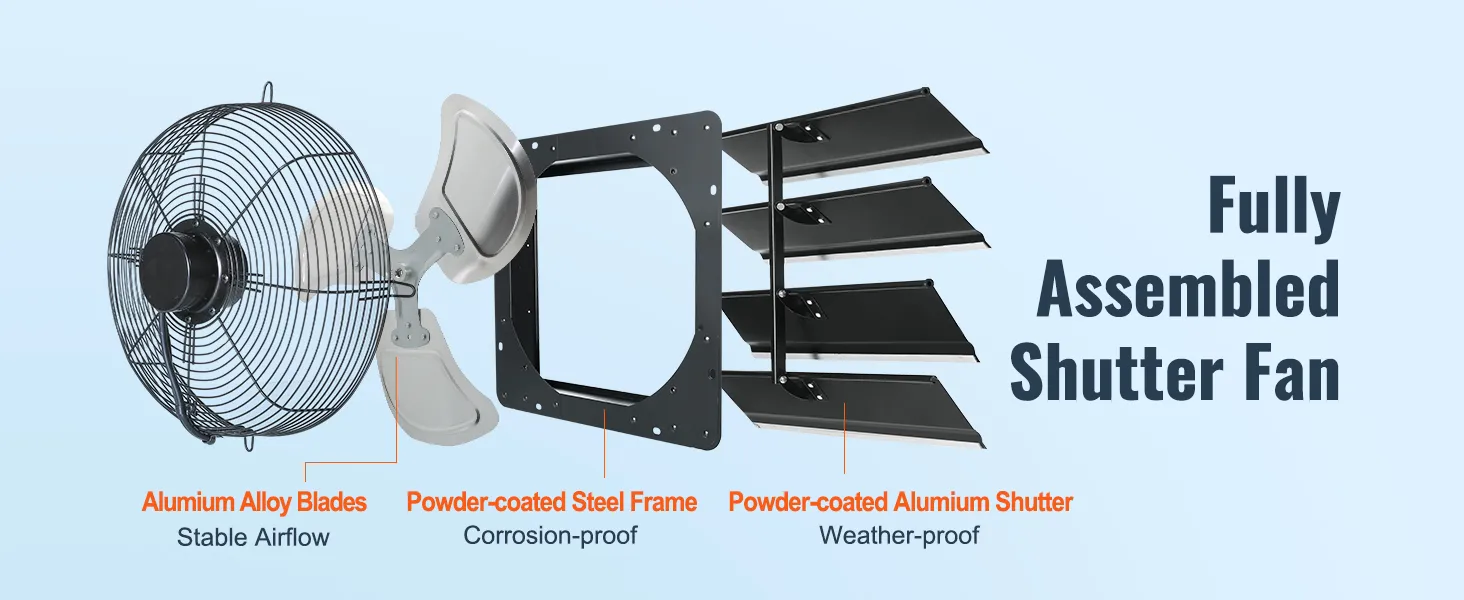 Ventilador extractor de aire con persianas VEVOR con aspas de aleación de aluminio, marco de acero con recubrimiento en polvo y persianas de aluminio.