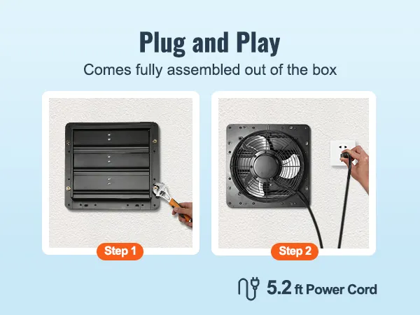Ventilador de escape con persiana VEVOR con cable de alimentación de 5,2 pies. Plug and play, completamente ensamblado, sencillos pasos de instalación.