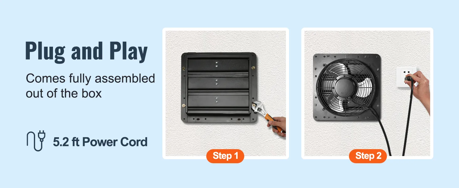 Ventilador de escape con persiana VEVOR con cable de alimentación de 5,2 pies. Plug and play, completamente ensamblado, sencillos pasos de instalación.