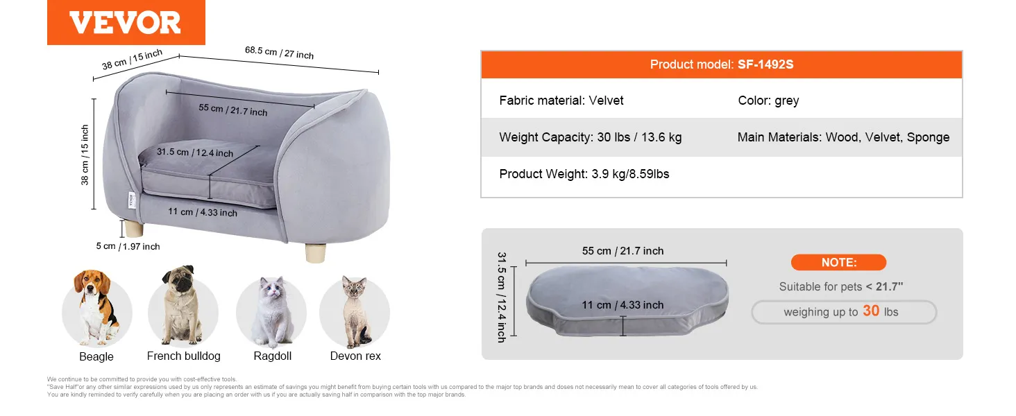 VEVOR pet sofa, grey velvet, 66lbs capacity, 68.5x38x38 cm, suitable for beagle, french bulldog, ragdoll, devon rex.