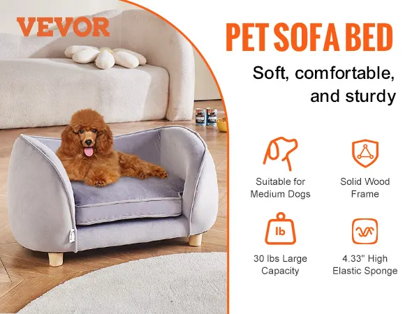 VEVOR pet sofa bed for medium dogs, soft grey, solid wood frame, high elastic sponge, 66 lbs capacity.
