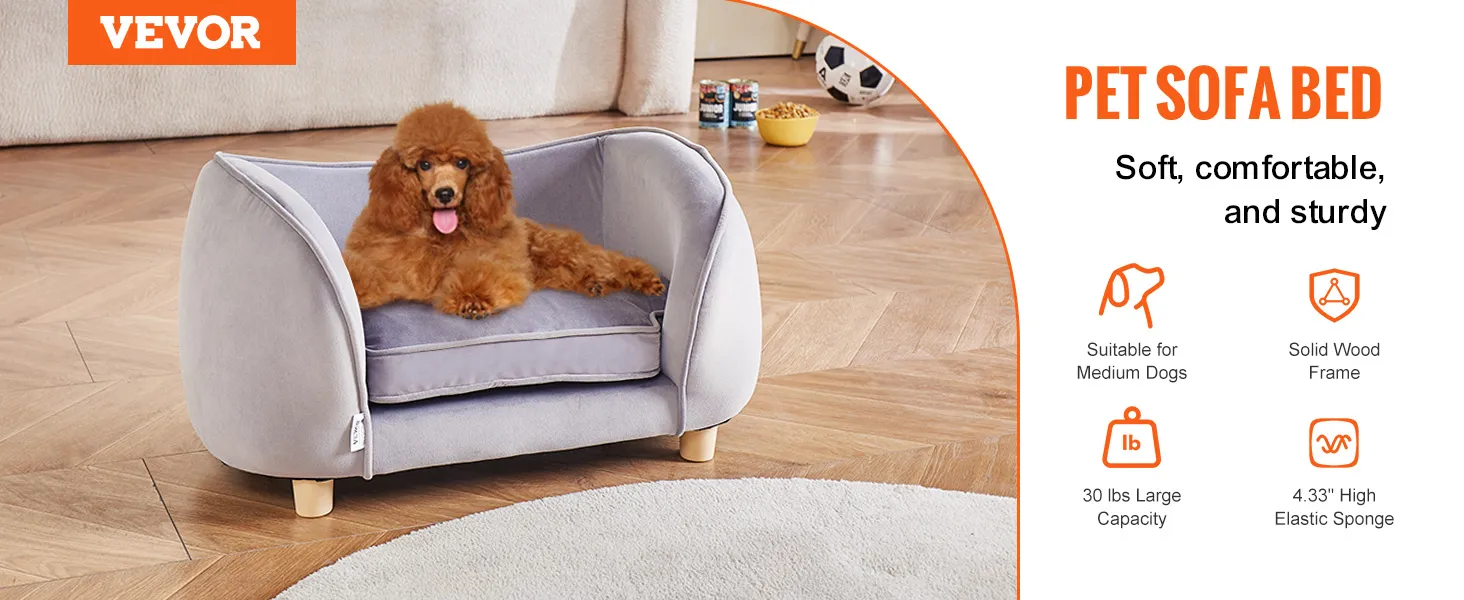 VEVOR pet sofa bed for medium dogs, soft grey, solid wood frame, high elastic sponge, 66 lbs capacity.