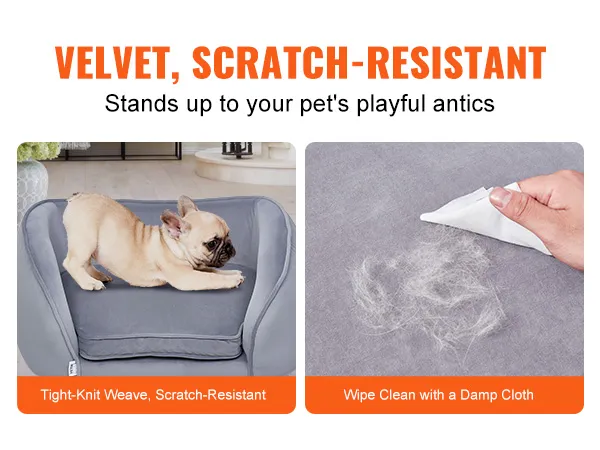VEVOR pet sofa - tight-knit, scratch-resistant velvet, easy to clean with a damp cloth, playful dog.