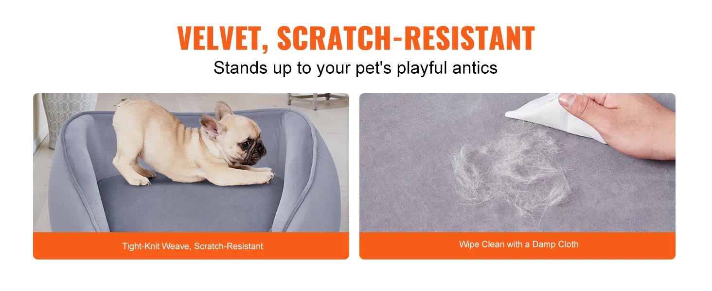VEVOR pet sofa - tight-knit, scratch-resistant velvet, easy to clean with a damp cloth, playful dog.