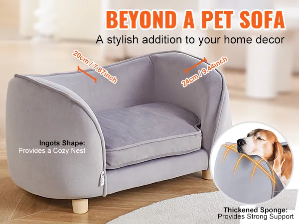 VEVOR pet sofa in gray with ingot shape, thickened sponge, wooden legs, and plush design features.