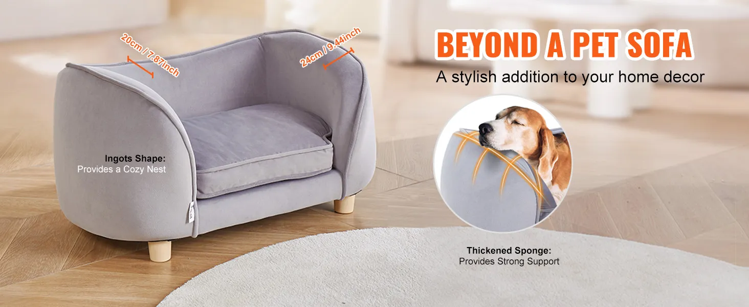 VEVOR pet sofa in gray with ingot shape, thickened sponge, wooden legs, and plush design features.