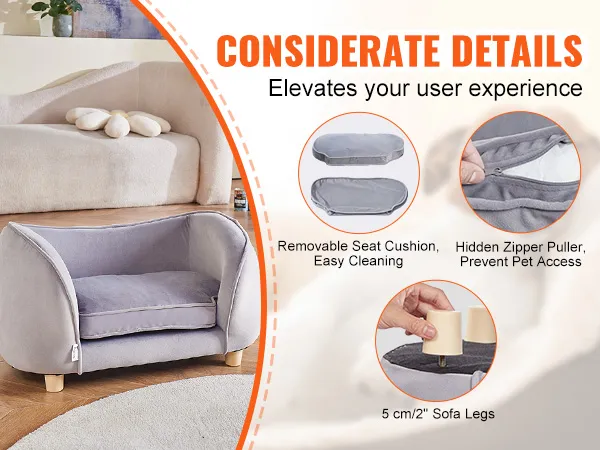 VEVOR pet sofa with removable cushion, wooden legs, and hidden zipper for easy cleaning and pet safety.