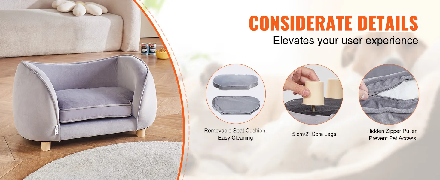 VEVOR pet sofa with removable cushion, wooden legs, and hidden zipper for easy cleaning and pet safety.