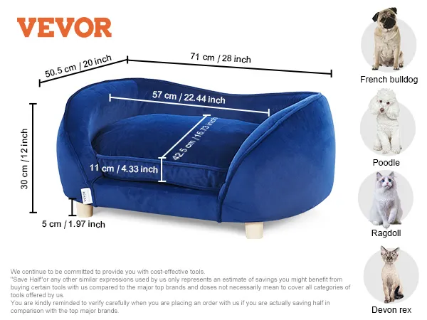 VEVOR dog sofa bed, blue velvet, 28"x20", for pets up to 81 lbs, features wooden legs and soft sponge padding.
