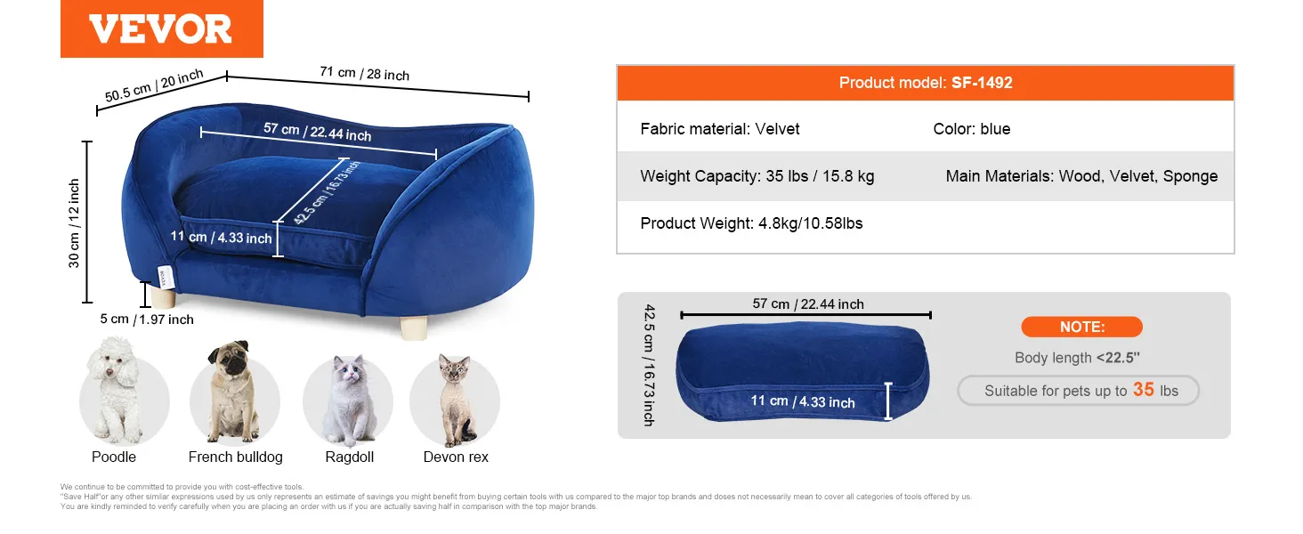 VEVOR dog sofa bed, blue velvet, 28"x20", for pets up to 81 lbs, features wooden legs and soft sponge padding.