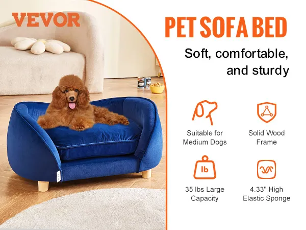 VEVOR dog sofa bed in blue, soft and sturdy, perfect for medium dogs with an 81lbs capacity.