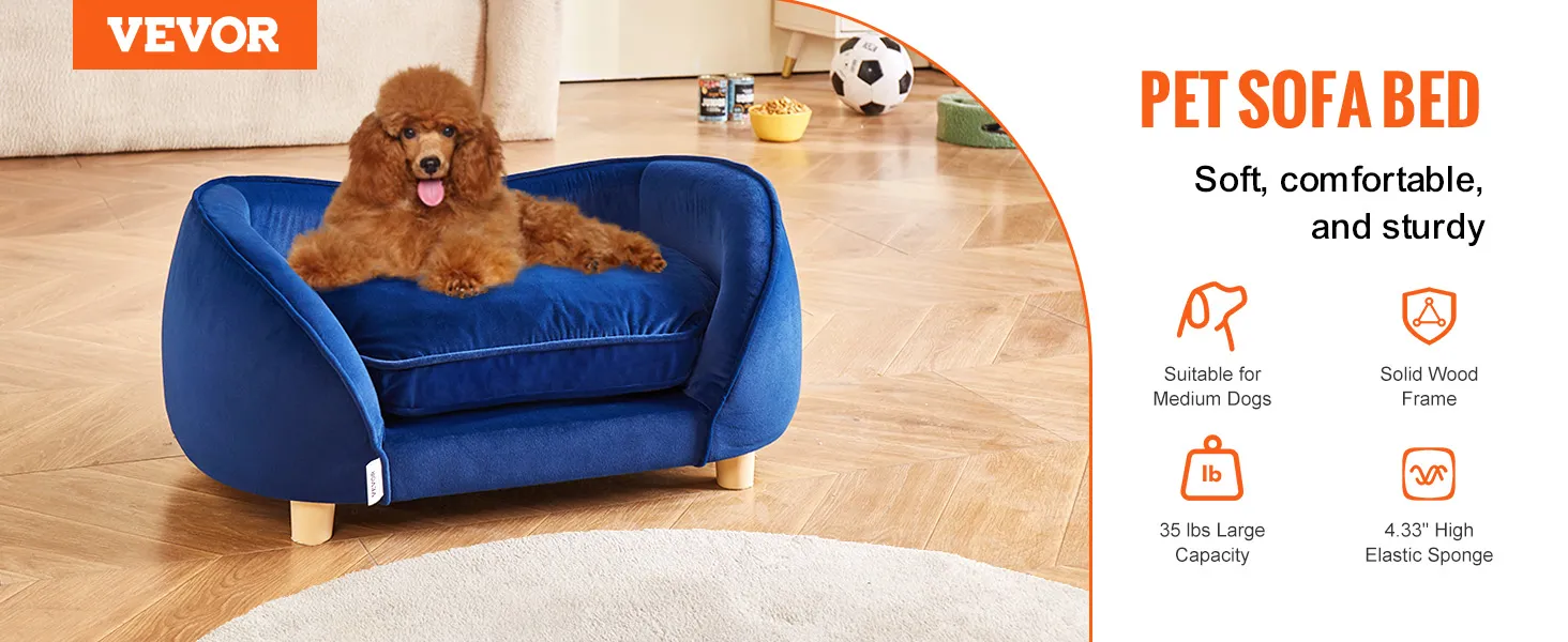 VEVOR dog sofa bed in blue, soft and sturdy, perfect for medium dogs with an 81lbs capacity.