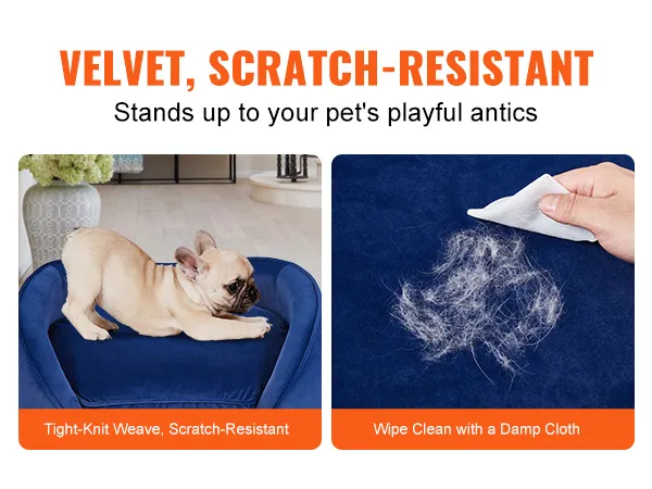french bulldog lying on blue velvet VEVOR dog sofa bed, scratch-resistant and easy to clean.