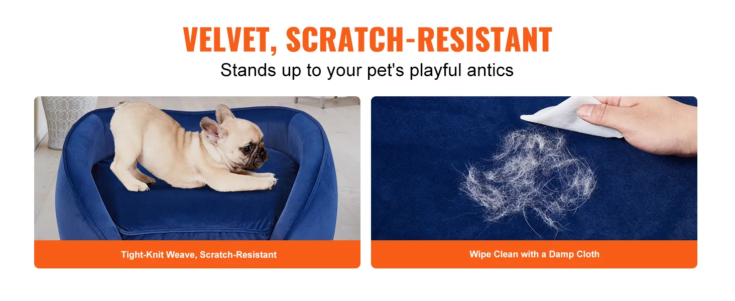 french bulldog lying on blue velvet VEVOR dog sofa bed, scratch-resistant and easy to clean.