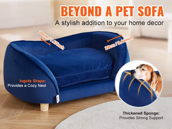 blue VEVOR dog sofa bed with thickened sponge support and ingot shape providing a cozy nest for pets.