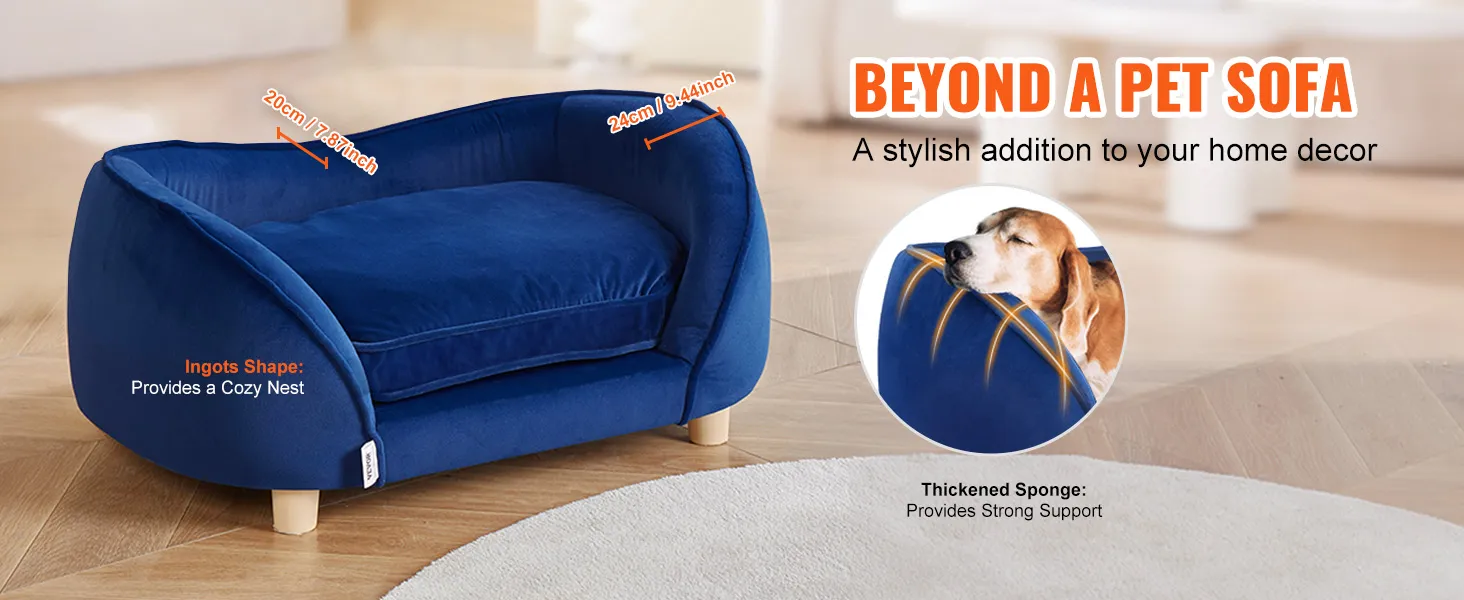 blue VEVOR dog sofa bed with thickened sponge support and ingot shape providing a cozy nest for pets.