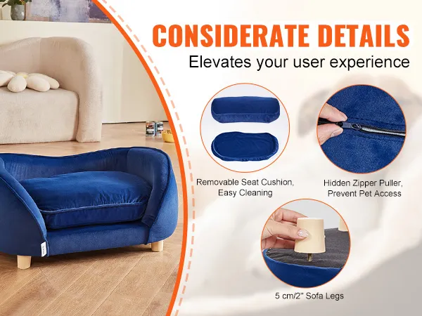 blue VEVOR dog sofa bed with removable cushion, 5 cm legs, and hidden zipper puller, elevates comfort.