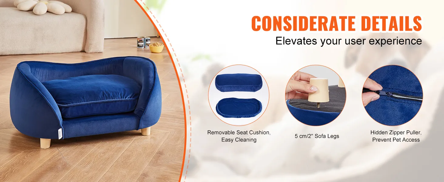 blue VEVOR dog sofa bed with removable cushion, 5 cm legs, and hidden zipper puller, elevates comfort.