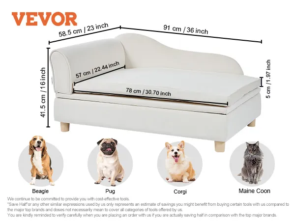 VEVOR pet sofa, white velvet, 110 lbs capacity, 30.7"l x 22.44"w sleeping surface, for dogs and cats.