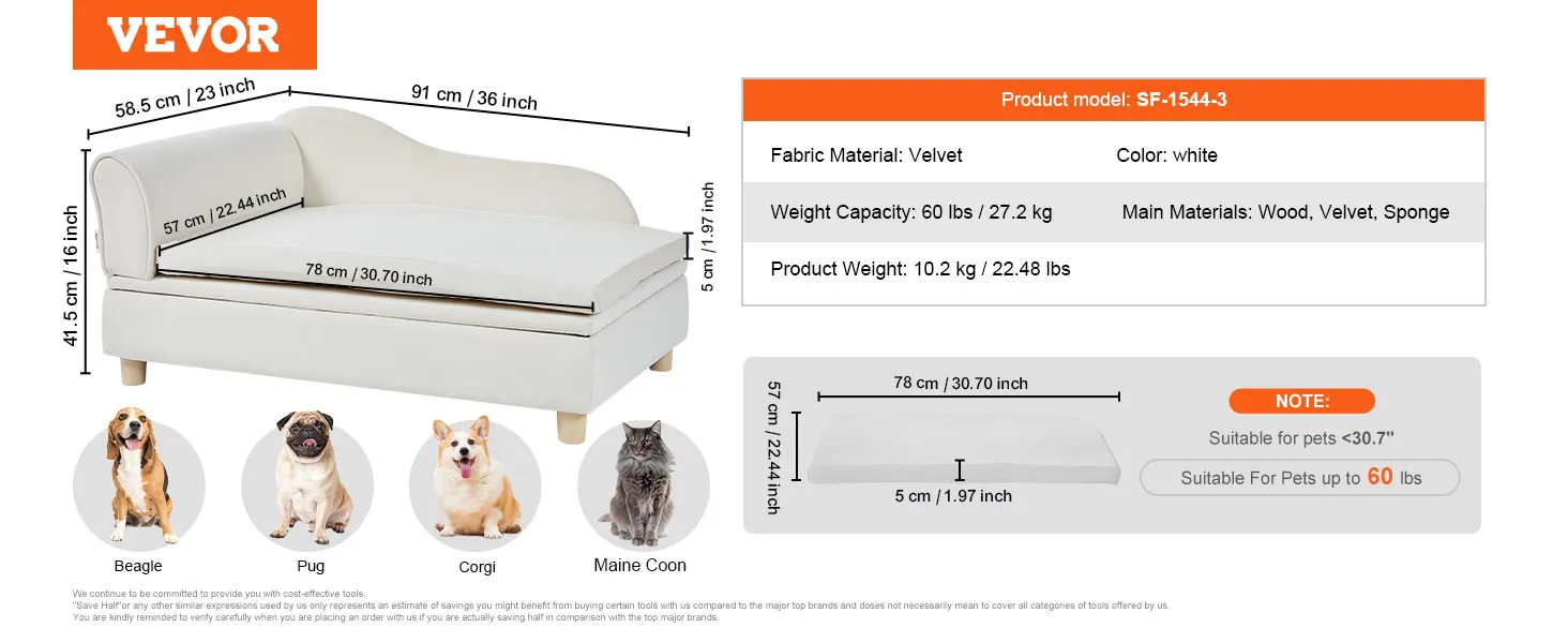 VEVOR pet sofa, white velvet, 110 lbs capacity, 30.7"l x 22.44"w sleeping surface, for dogs and cats.