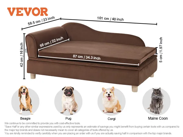 VEVOR dog sofa in brown velvet, dimensions 101x58.5x42 cm, supports pets up to 110 lbs.