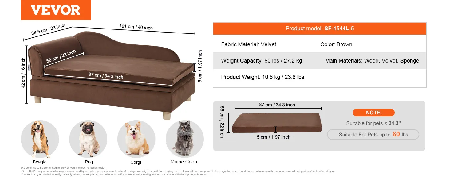 VEVOR dog sofa in brown velvet, dimensions 101x58.5x42 cm, supports pets up to 110 lbs.