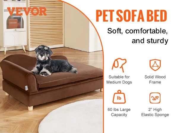 VEVOR dog sofa: soft, brown pet sofa bed suitable for medium dogs, supporting up to 110 lbs, solid wood frame.