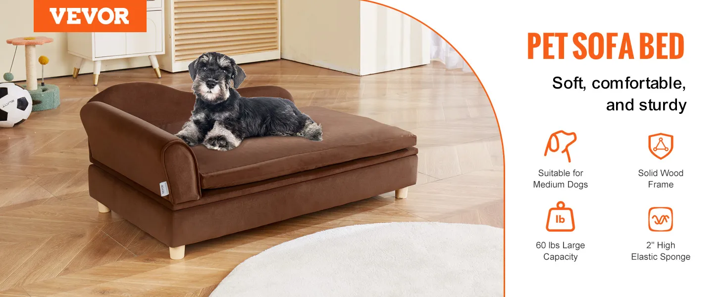 VEVOR dog sofa: soft, brown pet sofa bed suitable for medium dogs, supporting up to 110 lbs, solid wood frame.