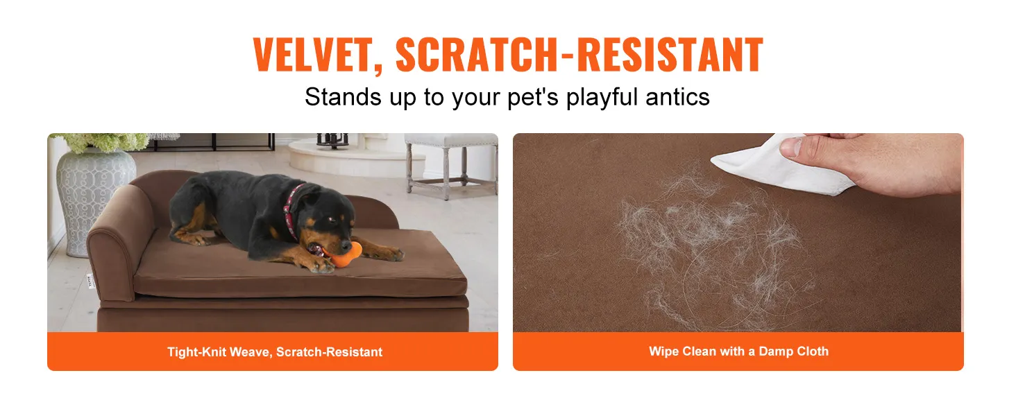 velvet, scratch-resistant VEVOR dog sofa with a rottweiler and easy cleaning instructions.