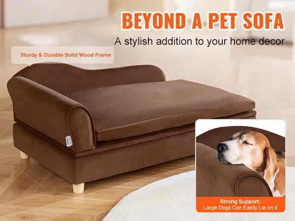 VEVOR dog sofa in brown with a solid wood frame, showcasing a relaxing dog; available in white and gray.