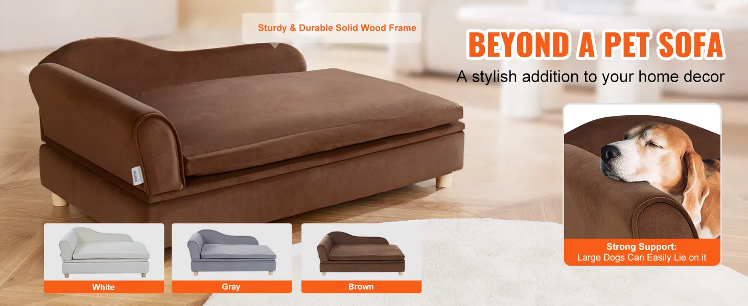 VEVOR dog sofa in brown with a solid wood frame, showcasing a relaxing dog; available in white and gray.