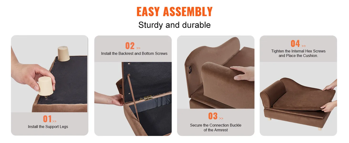 VEVOR dog sofa easy assembly instructions: install support legs, backrest, screws, armrest, and cushion.