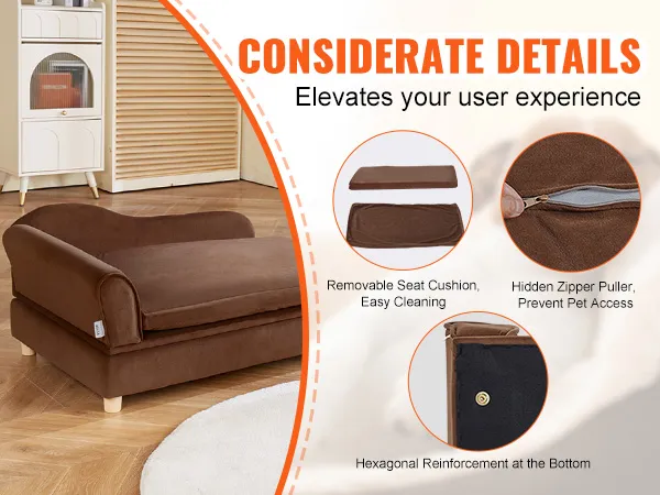 VEVOR dog sofa with removable cushion, hexagonal reinforcement, and hidden zipper for easy cleaning.
