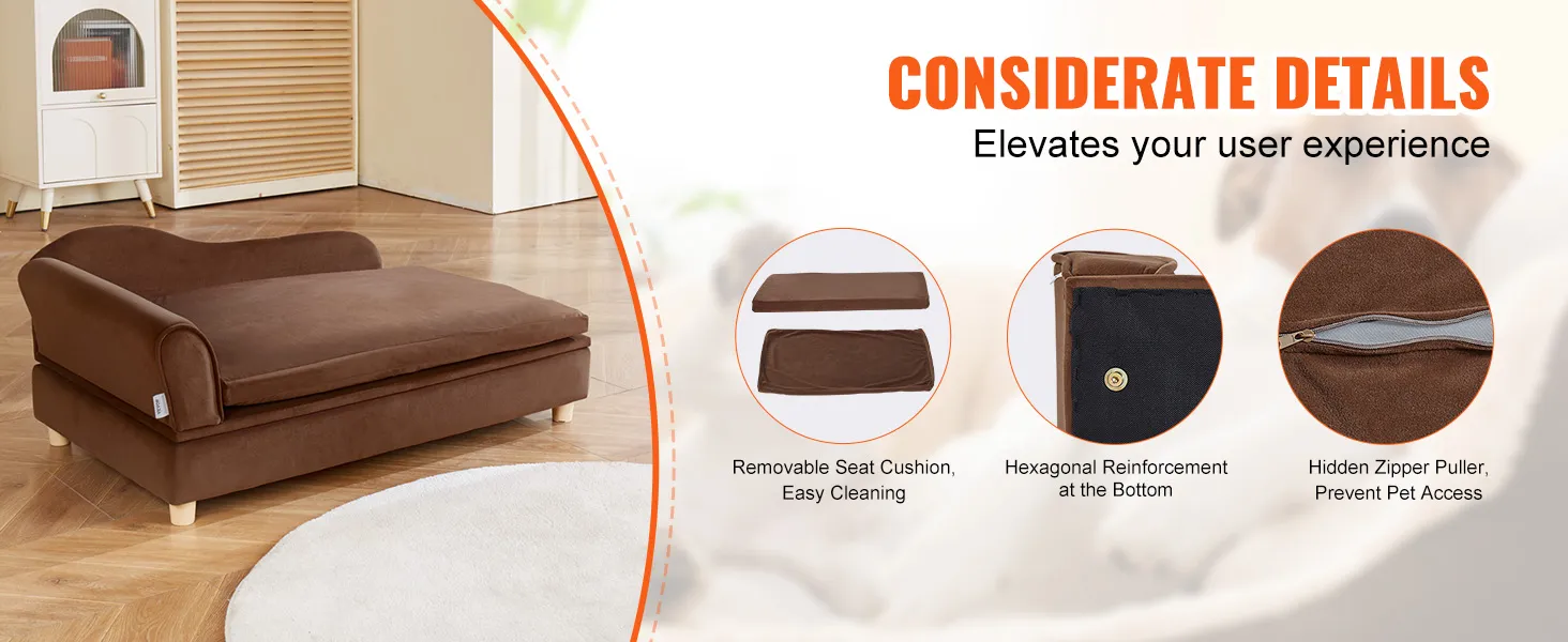 VEVOR dog sofa with removable cushion, hexagonal reinforcement, and hidden zipper for easy cleaning.