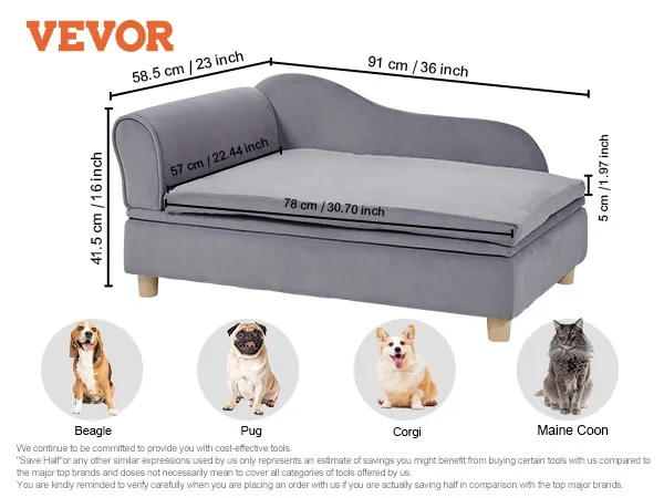 VEVOR dog sofa, grey, velvet, 110 lbs capacity, 41.5 cm high, suitable for labradors and rottweilers.