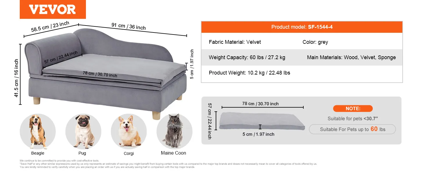 VEVOR dog sofa, grey, velvet, 110 lbs capacity, 41.5 cm high, suitable for labradors and rottweilers.