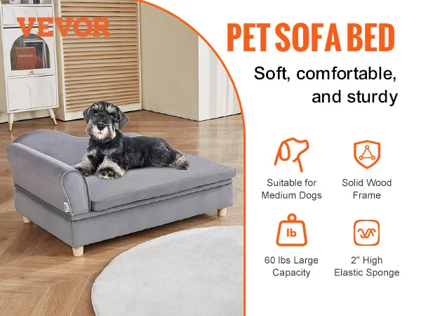 VEVOR dog sofa: soft, comfortable, sturdy pet bed for medium dogs, solid wood frame, 110 lbs capacity.