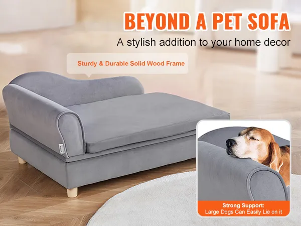 VEVOR dog sofa in gray with durable wood frame, available in white, gray, and brown, perfect for large dogs.