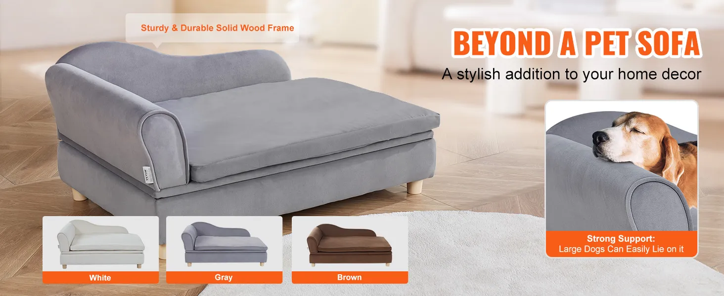 VEVOR dog sofa in gray with durable wood frame, available in white, gray, and brown, perfect for large dogs.