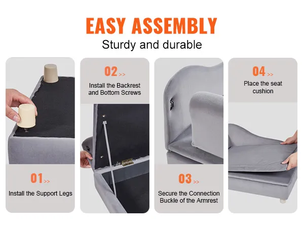 easy assembly guide for VEVOR dog sofa: install legs, attach backrest, secure armrest, and place cushion.