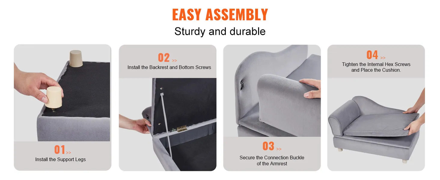 easy assembly guide for VEVOR dog sofa: install legs, attach backrest, secure armrest, and place cushion.