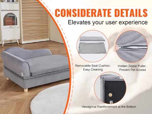 gray VEVOR dog sofa with removable cushion, hexagonal reinforcement, and hidden zipper puller.