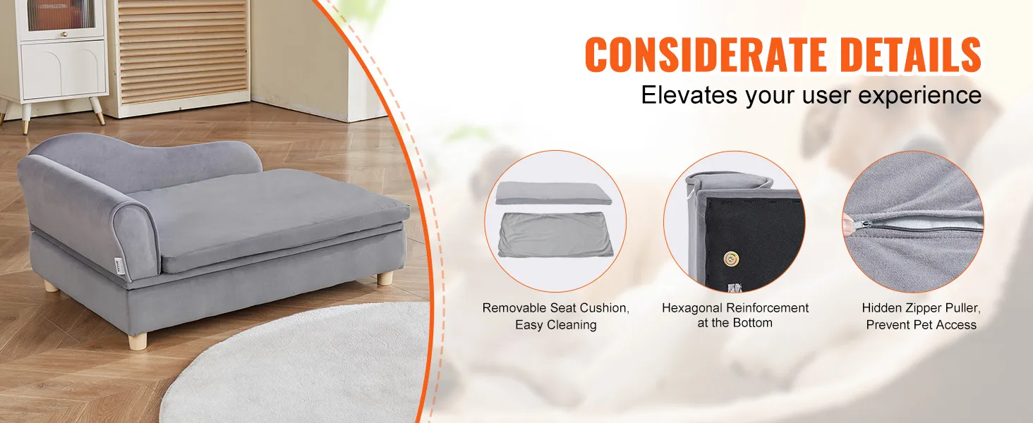 gray VEVOR dog sofa with removable cushion, hexagonal reinforcement, and hidden zipper puller.