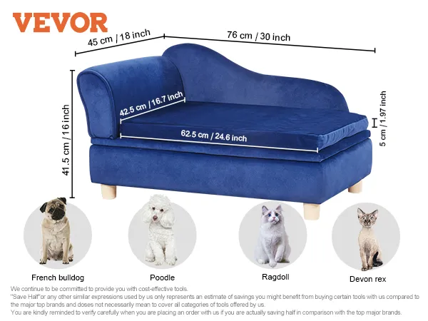 VEVOR pet sofa: blue velvet, 30-inch width, suitable for pets up to 81 lbs, ideal for small to medium pets.