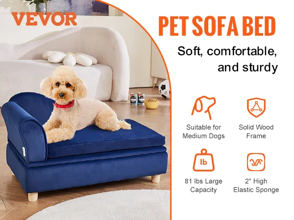 VEVOR pet sofa for medium dogs, featuring soft blue upholstery on a solid wood frame.