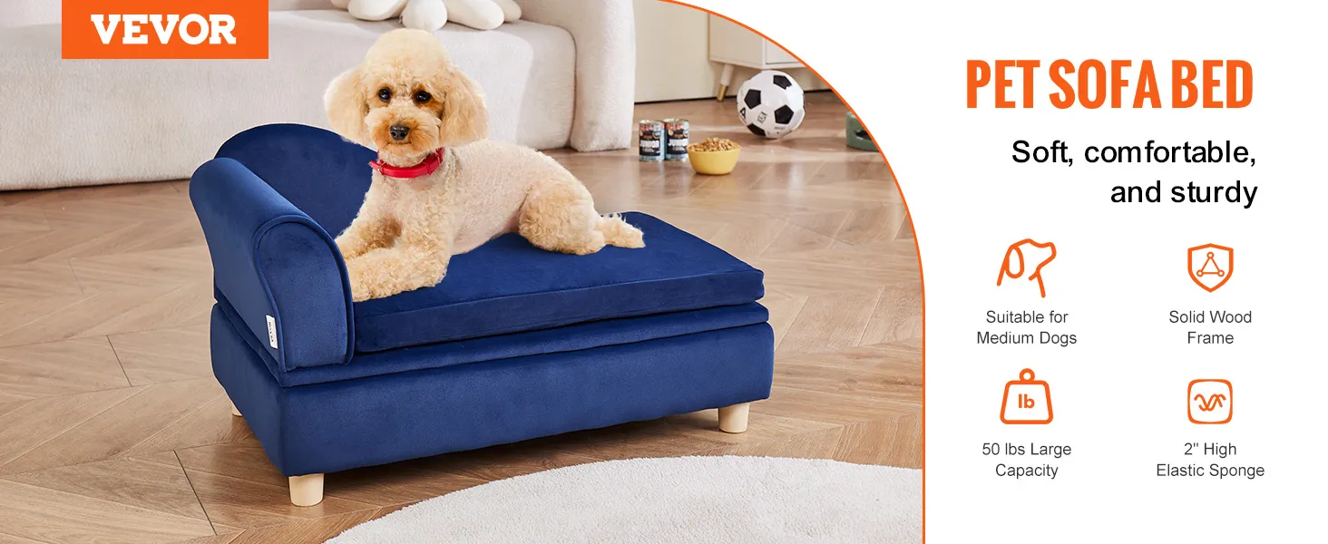 Sofá para mascotas VEVOR para perros medianos, con tapizado azul suave sobre un marco de madera maciza.