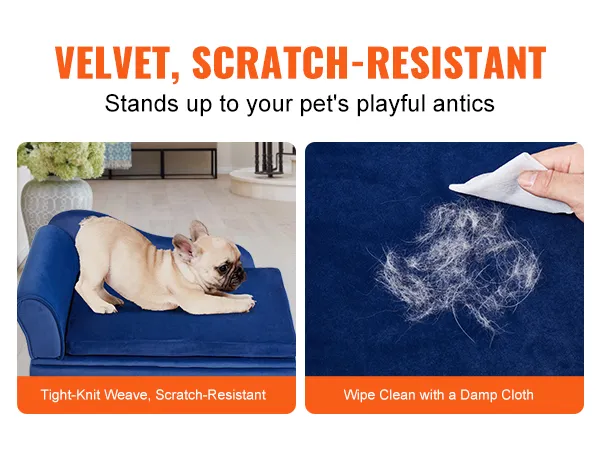 french bulldog lounging on blue, scratch-resistant VEVOR pet sofa with cleanable velvet fabric.