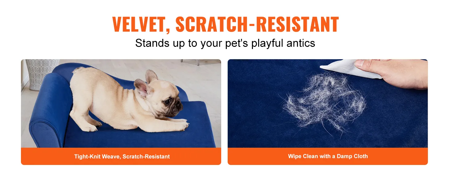 Bulldog francés descansando en un sofá para mascotas VEVOR azul resistente a los arañazos con tela de terciopelo lavable.