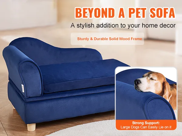 blue VEVOR pet sofa with solid wood frame, available in blue, gray, and brown, featuring a relaxed dog.